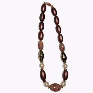 Retro Faux Pearl Beaded Chunky Necklace Brown Pink Statement Fashion Jewelry